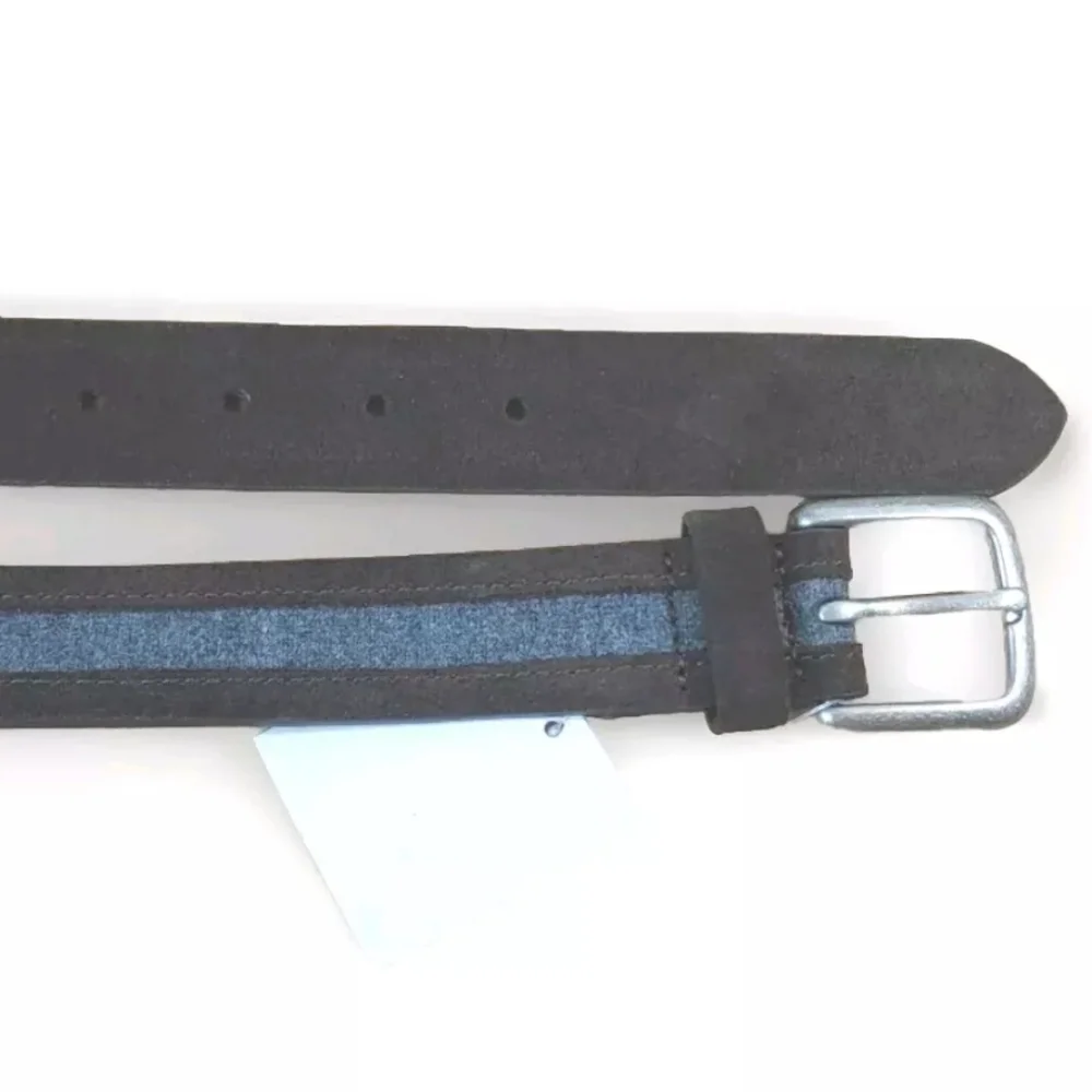 Bespoke Brown Leather Belt Grey Inlay Two Tone Men 40 Square Silver Buckle Nwt